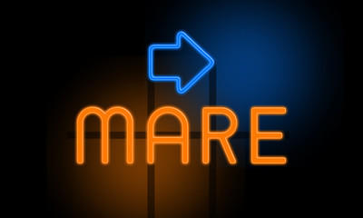 Mare - orange glowing text with an arrow on dark background