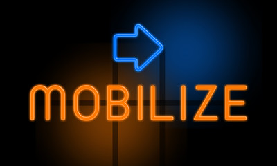 Mobilize - orange glowing text with an arrow on dark background