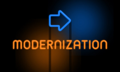 Modernization - orange glowing text with an arrow on dark background