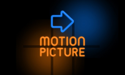 Motion Picture - orange glowing text with an arrow on dark background