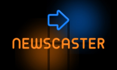 Newscaster - orange glowing text with an arrow on dark background