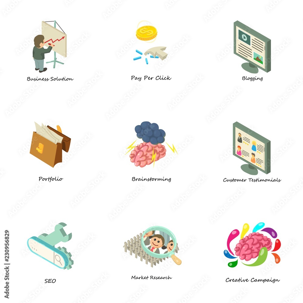 Poster search optimization icons set. isometric set of 9 search optimization vector icons for web isolated 