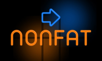 Nonfat - orange glowing text with an arrow on dark background