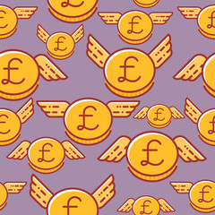 British pound coins with wings, seamless vector pattern, british currency