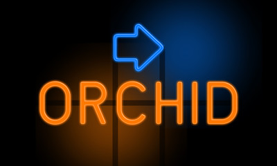 Orchid - orange glowing text with an arrow on dark background