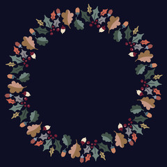 Christmas Wreath with Round Frame for Cards Design Vector Layout with Copyspace Can be use for Decorative Kit, Invitations, Greeting Cards, Blogs, Posters, Merry Christmas and Happy New Year.