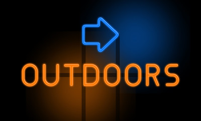 Outdoors - orange glowing text with an arrow on dark background