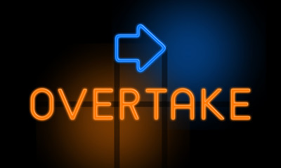 Overtake - orange glowing text with an arrow on dark background