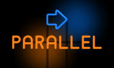 Parallel - orange glowing text with an arrow on dark background