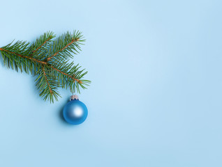 Evergreen coniferous tree  with blue Christmas ball on blue background. New Year greeting card with place for text.