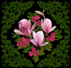 magnolia flowers in  green square decoration