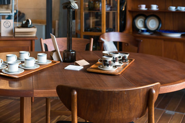 Table for dining at old bar in Asia