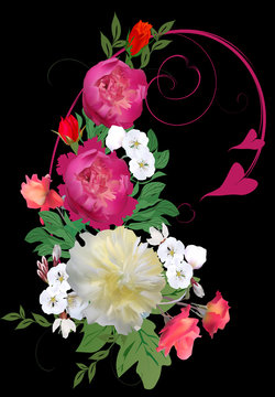 curled decoration with color peony flowers on black