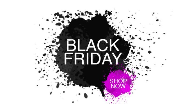 Black friday sale logo on abstract ink blots. Brush stroke transition background. Animation of paint splash in 4K. Banner or poster. Abstract background for ad and presentations.