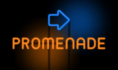 Promenade - orange glowing text with an arrow on dark background