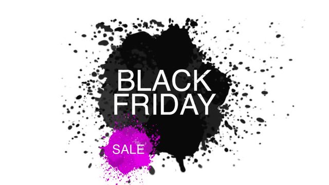 Black friday sale logo on abstract ink blots. Brush stroke transition background. Animation of paint splash in 4K. Banner or poster. Abstract background for ad and presentations.