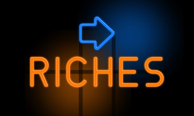 Riches - orange glowing text with an arrow on dark background