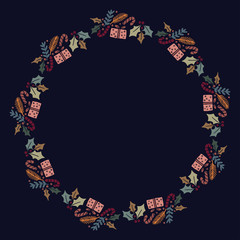Christmas Wreath with Round Frame for Cards Design Vector Layout with Copyspace Can be use for Decorative Kit, Invitations, Greeting Cards, Blogs, Posters, Merry Christmas and Happy New Year.