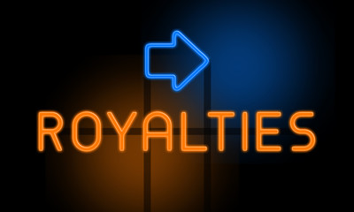 Royalties - orange glowing text with an arrow on dark background