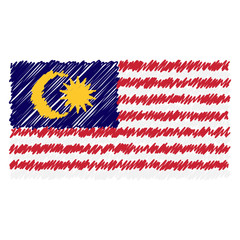 Hand Drawn National Flag Of Malaysia Isolated On A White Background. Vector Sketch Style Illustration. Unique Pattern Design For Brochures, Printed Materials, Logos, Independence Day