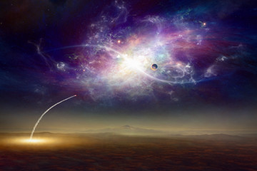 Fantastic background - space shuttle taking off, aliens planet and twisted galaxy