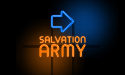 Fototapeta premium Salvation Army - orange glowing text with an arrow on dark background