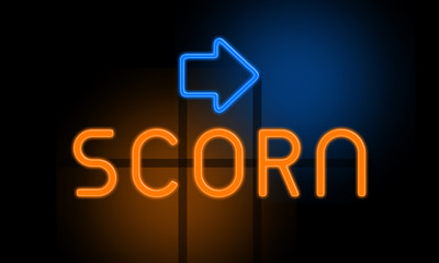 Scorn - orange glowing text with an arrow on dark background