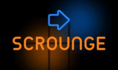 Scrounge - orange glowing text with an arrow on dark background