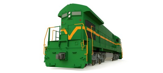 Modern green diesel railway locomotive with great power and strength for moving long and heavy railroad train. 3d rendering.