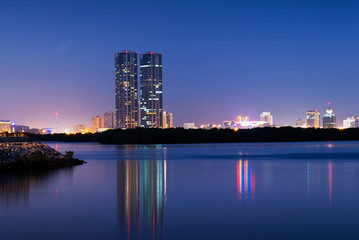 Fototapeta premium Ras Al Khaimah creek night view with calm water at evening
