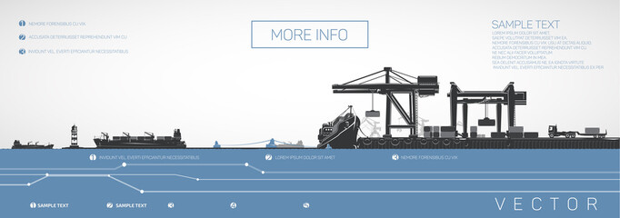 Container ship on the dock, gantry and loaders cranes, vector infographics. - obrazy, fototapety, plakaty