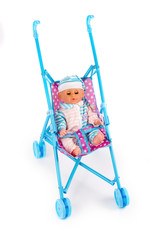 Toy stroller on white background 