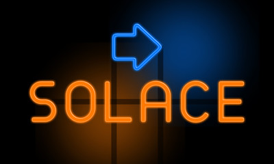 Fototapeta premium Solace - orange glowing text with an arrow on dark background