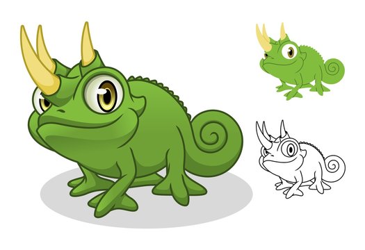 Chameleon cartoon character mascot design, including flat and line art design, isolated on white background, vector clip art illustration.