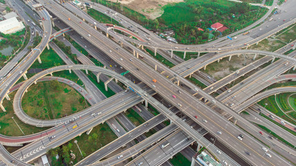 Top view over the highway, expressway and motorway at evening Aerial view from drone, Bangkok Expressway top view,Aerial of rush hour.