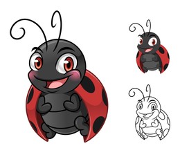 Ladybug cartoon character mascot design, including flat and line art design, isolated on white background, vector clip art illustration.