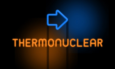 Thermonuclear - orange glowing text with an arrow on dark background
