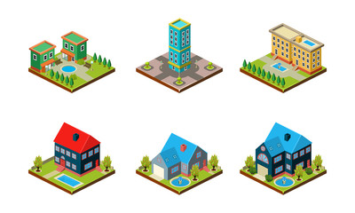 City buildings set, urban landscape, private real estate, public buildings vector Illustration on a white background
