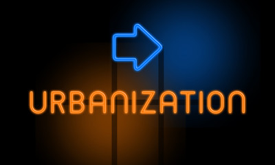 Urbanization - orange glowing text with an arrow on dark background