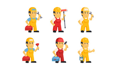 Naklejka premium Builder workers in uniform with different tools, construction staff cartoon characters vector Illustration on a white background
