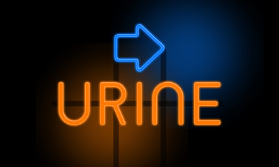 Urine - orange glowing text with an arrow on dark background