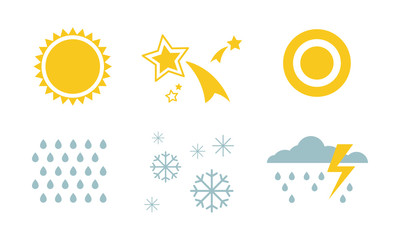Naklejka premium Weather and nature symbols set, sun, star, snow, rain, thunderstorm, cloud vector Illustration on a white background