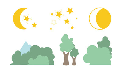 Summer trees, moon and stars, natural landscape elements vector Illustration on a white background
