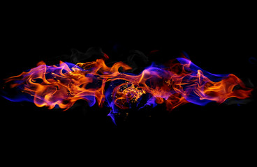 Red and blue fire flames on black background