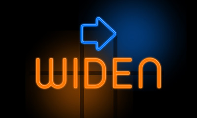 Widen - orange glowing text with an arrow on dark background