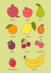 Healthy food fruits and berries icons set. Education cards for kids flat design vector illustration