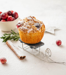 Christmas homemade cranberry muffins. Christmas cake on New Year's background. Copy space.