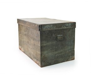 Very old iron or tin metal storage trunk with handle, isolated on white.