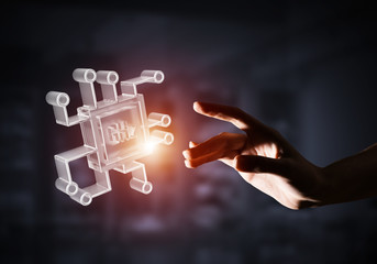 Computer technologies concept with glass GHz symbol. Mixed media