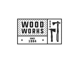 Vintage hand drawn woodworks tag logo and emblem. Carpentry service label, patch. Typography lumberjack insignia with axes and texts. Retro black style. Stock illusration isolated on white.